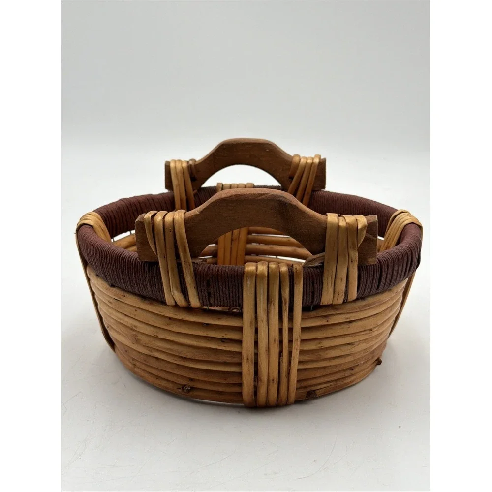 Vintage Gathering Basket Split Reed Jute Log Wood Handles Folk Art Rustic